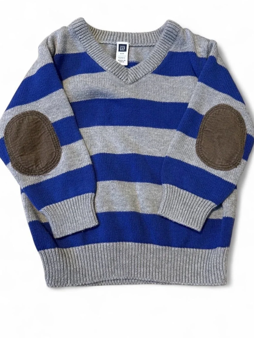 GAP Blue and Gray Striped V-Neck Sweater with Dark Grey Elbow Patches